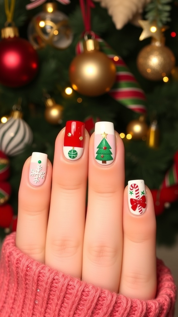 Christmas-themed nail art with snowflakes, trees, and candy canes in red, green, and white.